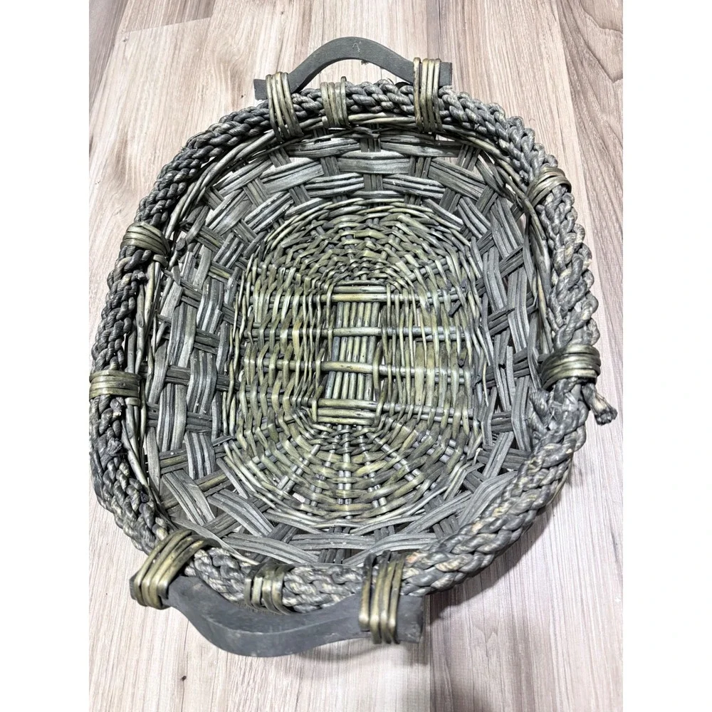Rustic Weathered Gray Wicker Basket Oval Decorative Tray with Wood Handles